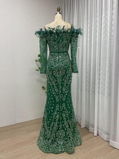 Exclusive Off Shoulder Feather Embelished Green Wedding Party Formal Dress MB40219