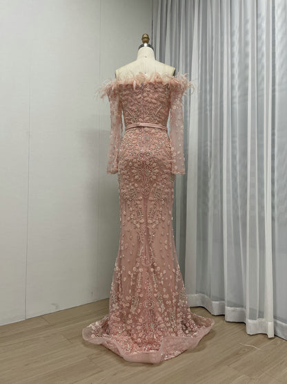 Exclusive Off Shoulder Feather Embelished Green Wedding Party Formal Dress MB40219