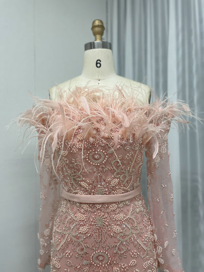 Exclusive Off Shoulder Feather Embelished Green Wedding Party Formal Dress MB40219