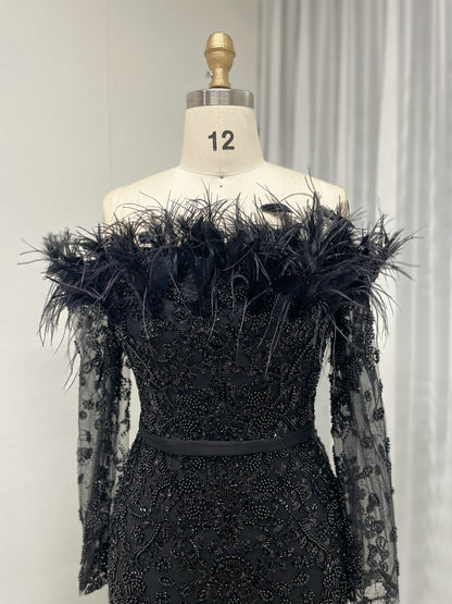 Exclusive Off Shoulder Feather Embelished Green Wedding Party Formal Dress MB40219