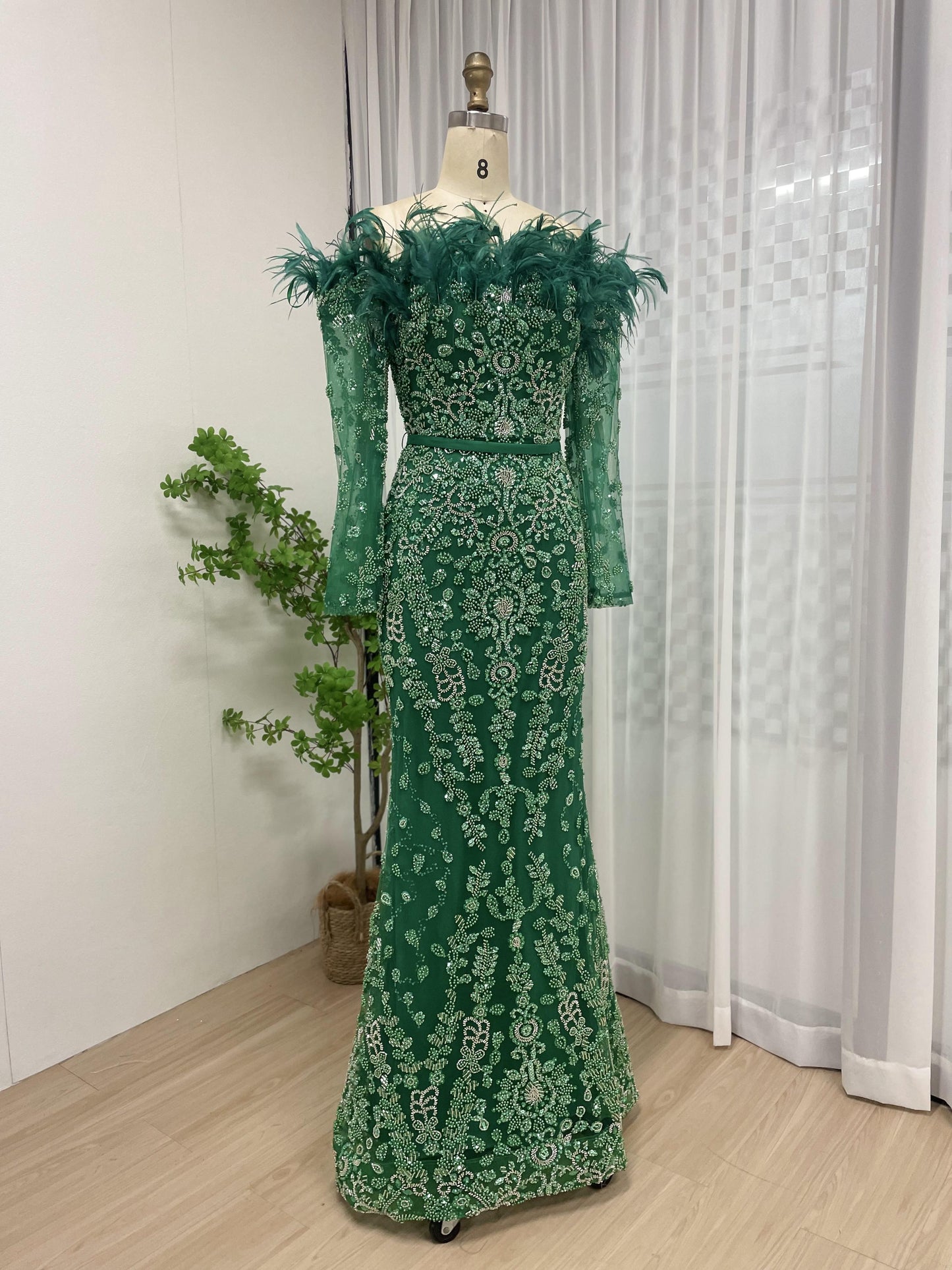 Exclusive Off Shoulder Feather Embelished Green Wedding Party Formal Dress MB40219