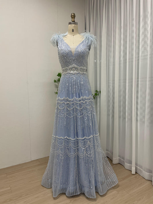 Exclusive Sleeveless Shoulder Feather Beading Lace Wedding Party A Line Evening Dress MB40221