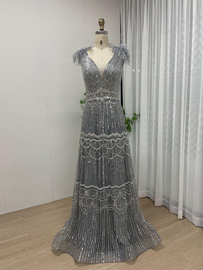 Exclusive Sleeveless Shoulder Feather Beading Lace Wedding Party A Line Evening Dress MB40221