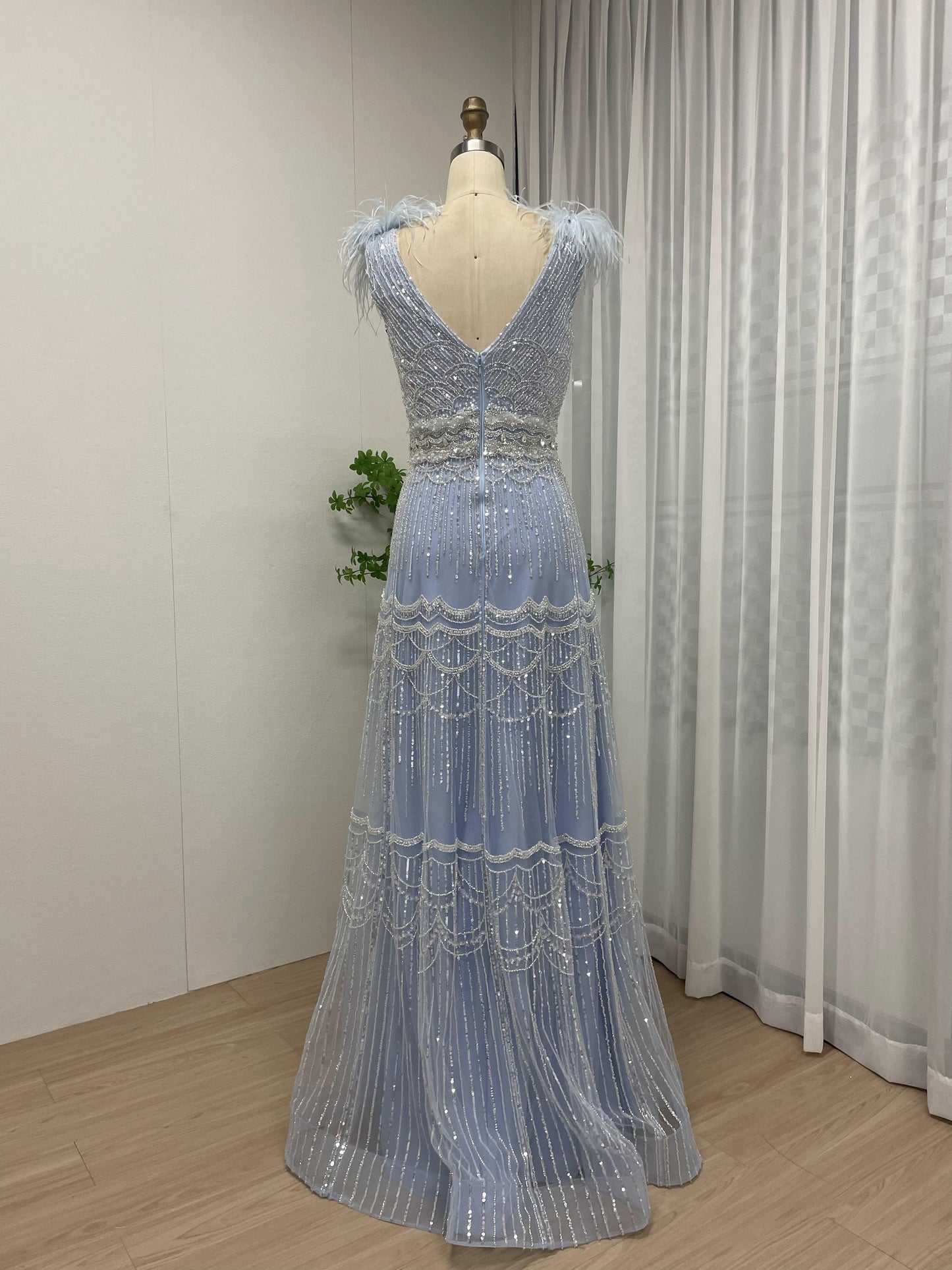 Exclusive Sleeveless Shoulder Feather Beading Lace Wedding Party A Line Evening Dress MB40221