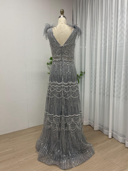 Exclusive Sleeveless Shoulder Feather Beading Lace Wedding Party A Line Evening Dress MB40221