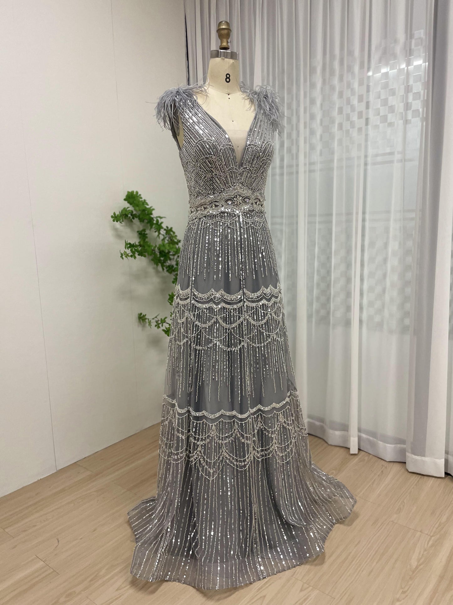 Exclusive Sleeveless Shoulder Feather Beading Lace Wedding Party A Line Evening Dress MB40221