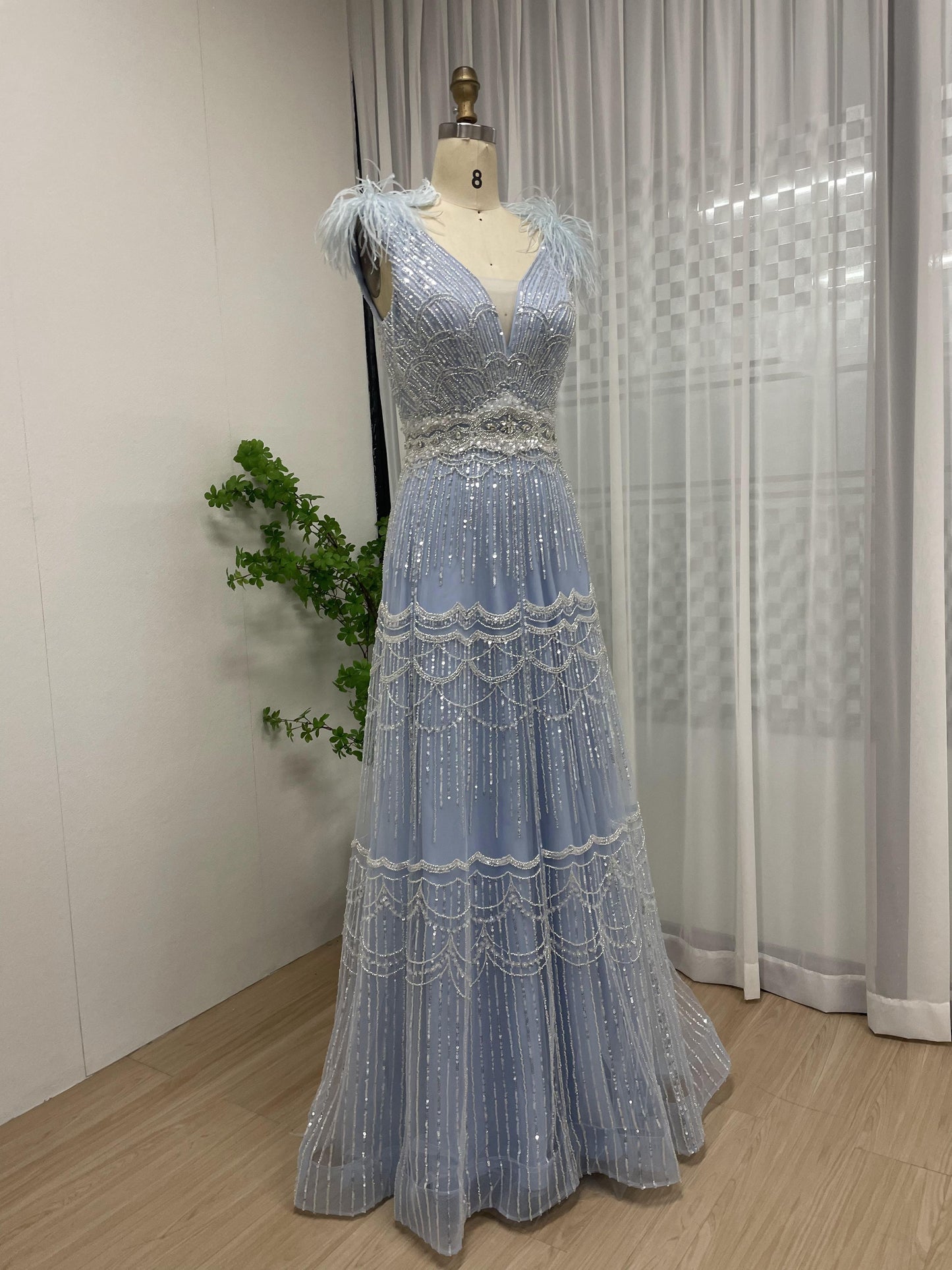 Exclusive Sleeveless Shoulder Feather Beading Lace Wedding Party A Line Evening Dress MB40221