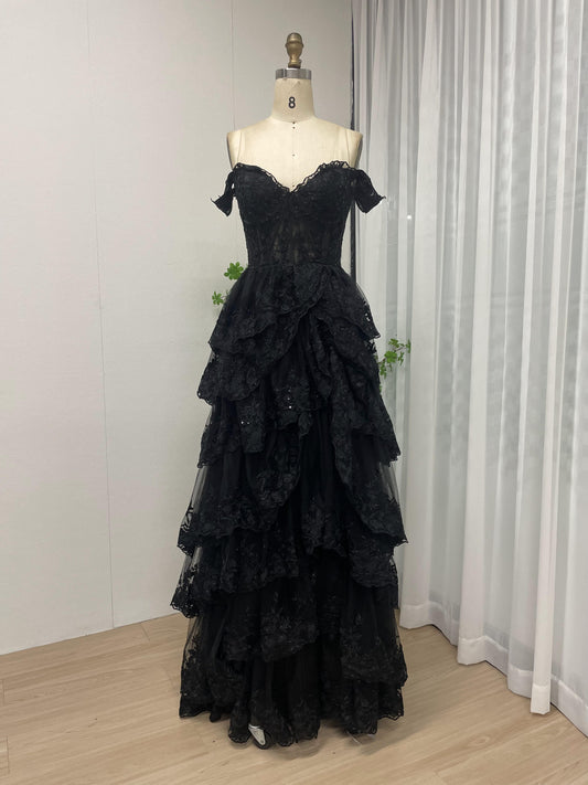 Pretty Off Shoulder Floral Lace Bodice Layered Skirt Black Evening Dress MB40222