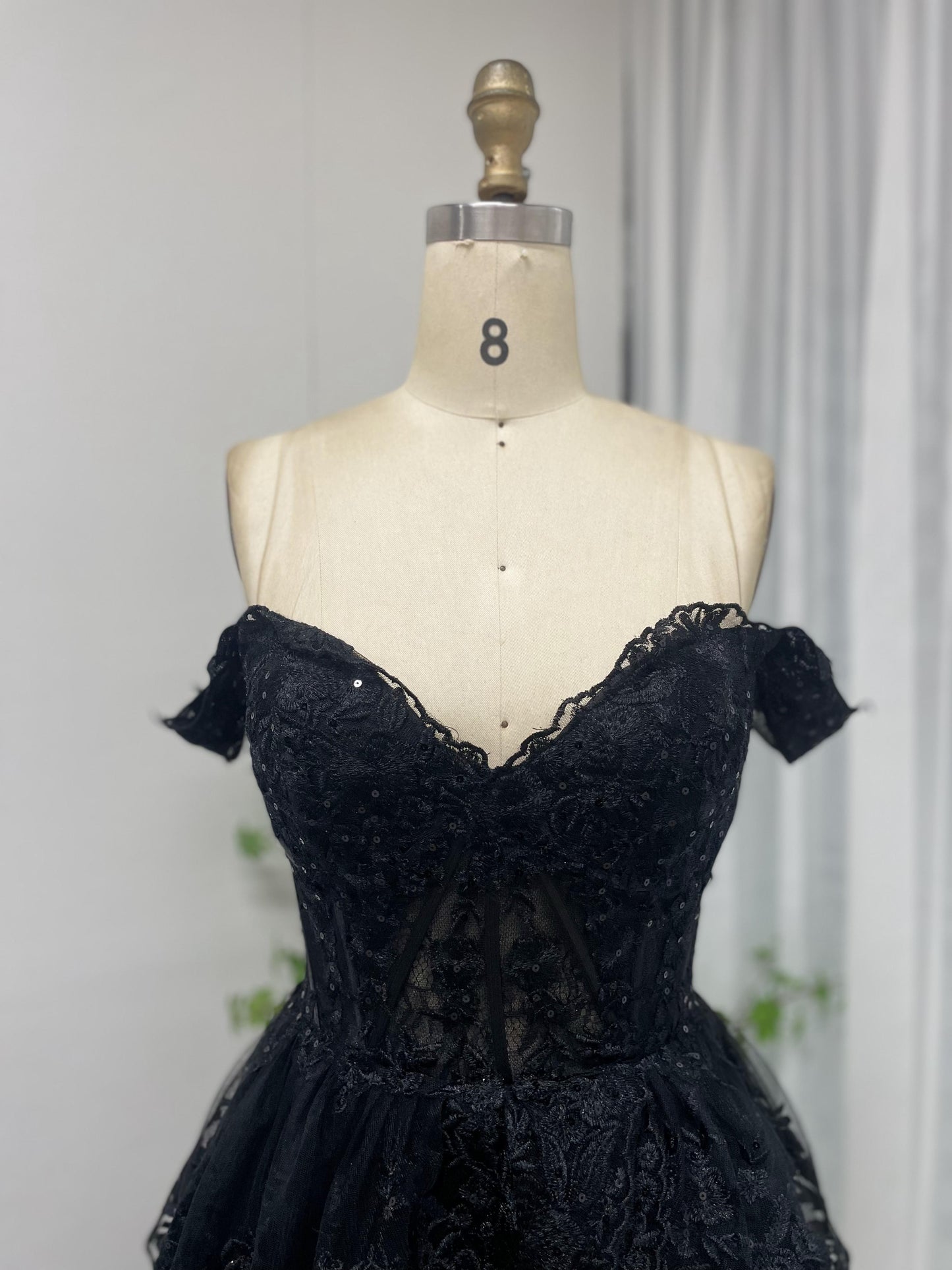 Pretty Off Shoulder Floral Lace Bodice Layered Skirt Black Evening Dress MB40222