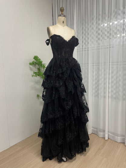 Pretty Off Shoulder Floral Lace Bodice Layered Skirt Black Evening Dress MB40222