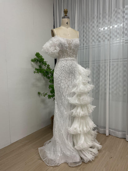 Dazzling Ruffle Off Shoulder Beading Lace Layered Side-Skirt White Princess Birthday Party Evening Dress MB40223