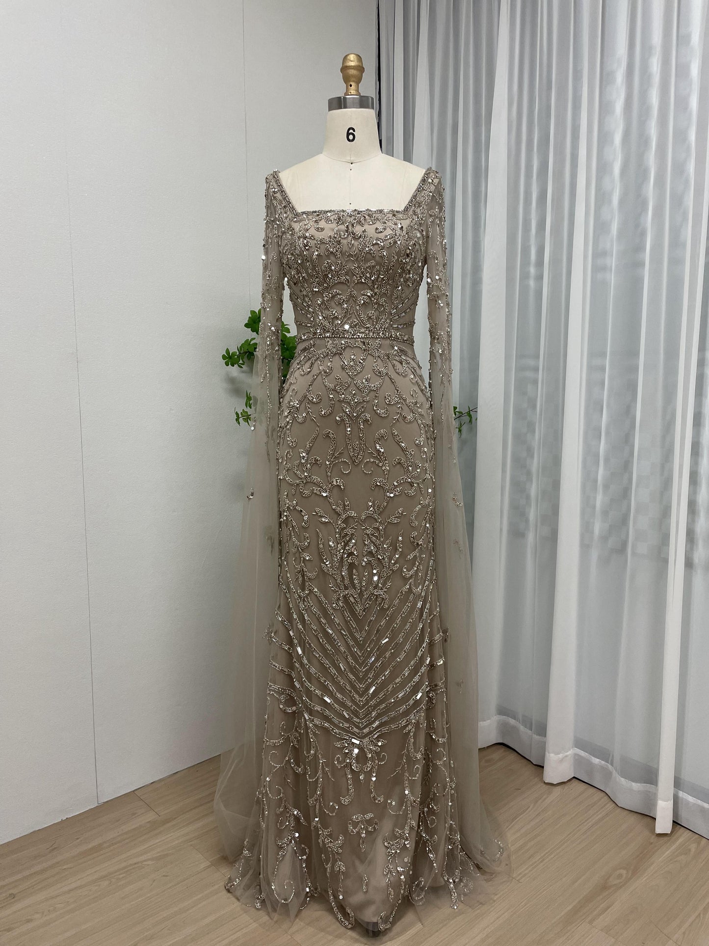 Glamorous Couture Handmade Beading Cape Long Sleeve Wedding Party Formal Gown MB40225