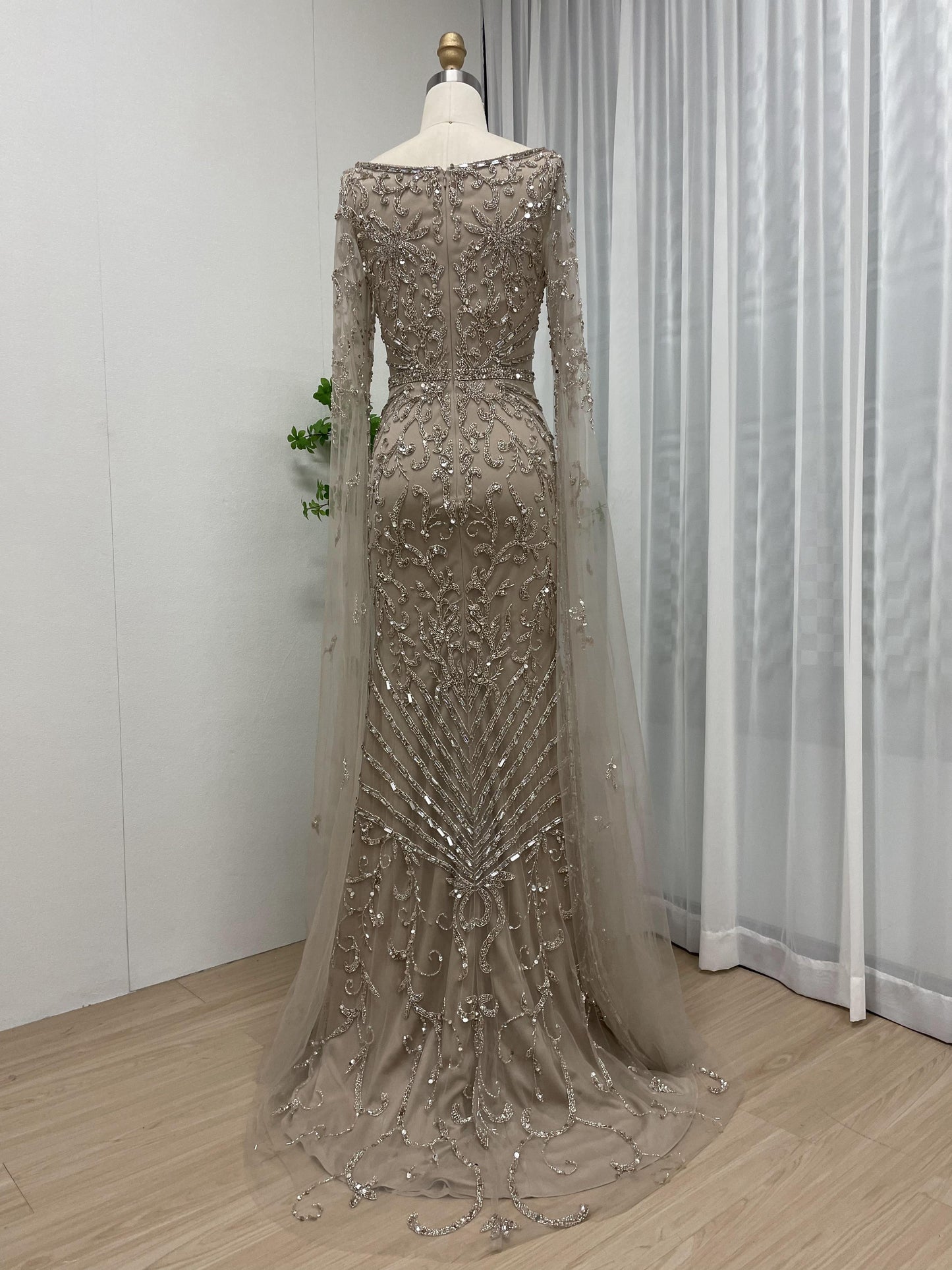 Glamorous Couture Handmade Beading Cape Long Sleeve Wedding Party Formal Gown MB40225