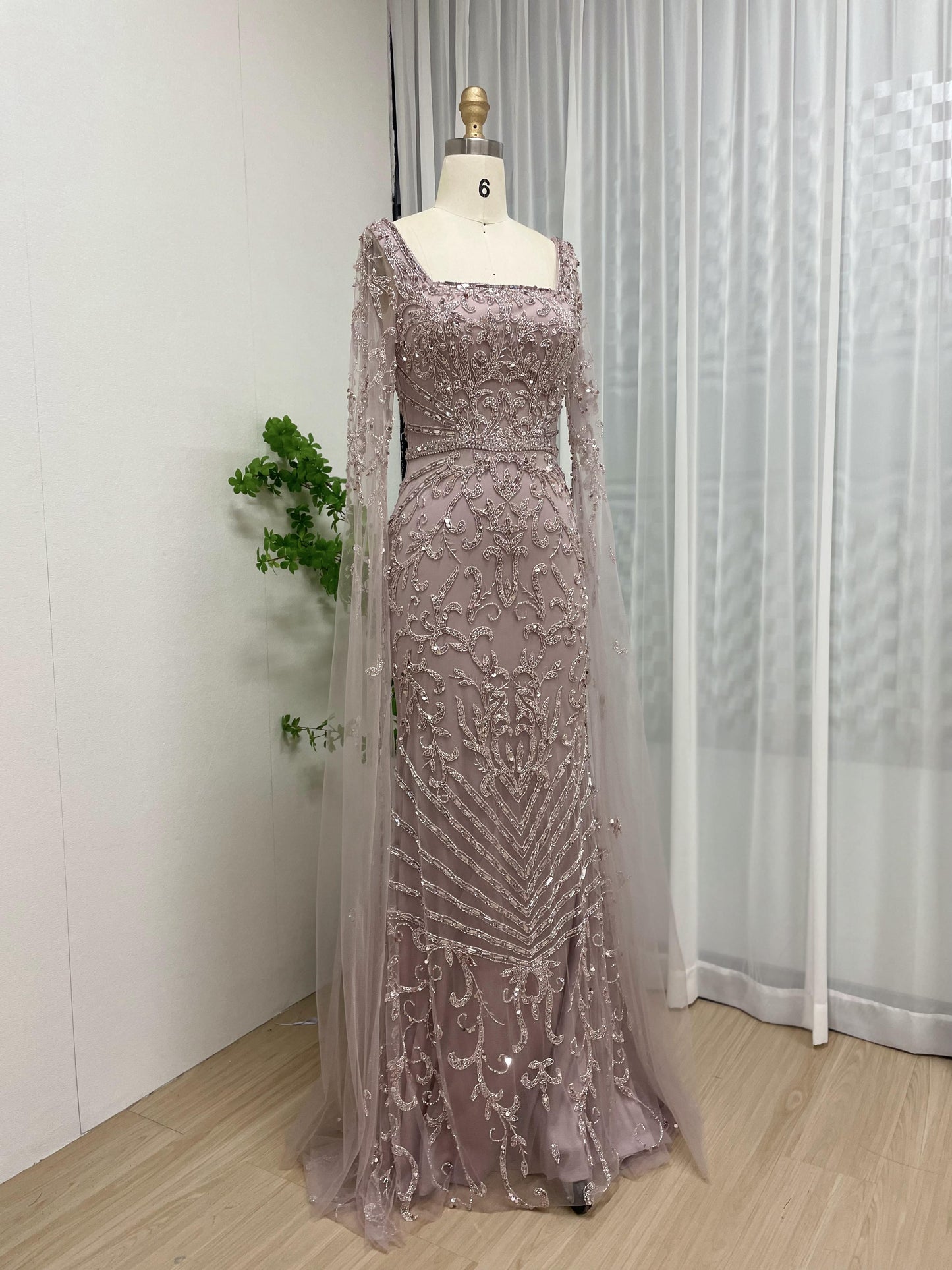 Glamorous Couture Handmade Beading Cape Long Sleeve Wedding Party Formal Gown MB40225