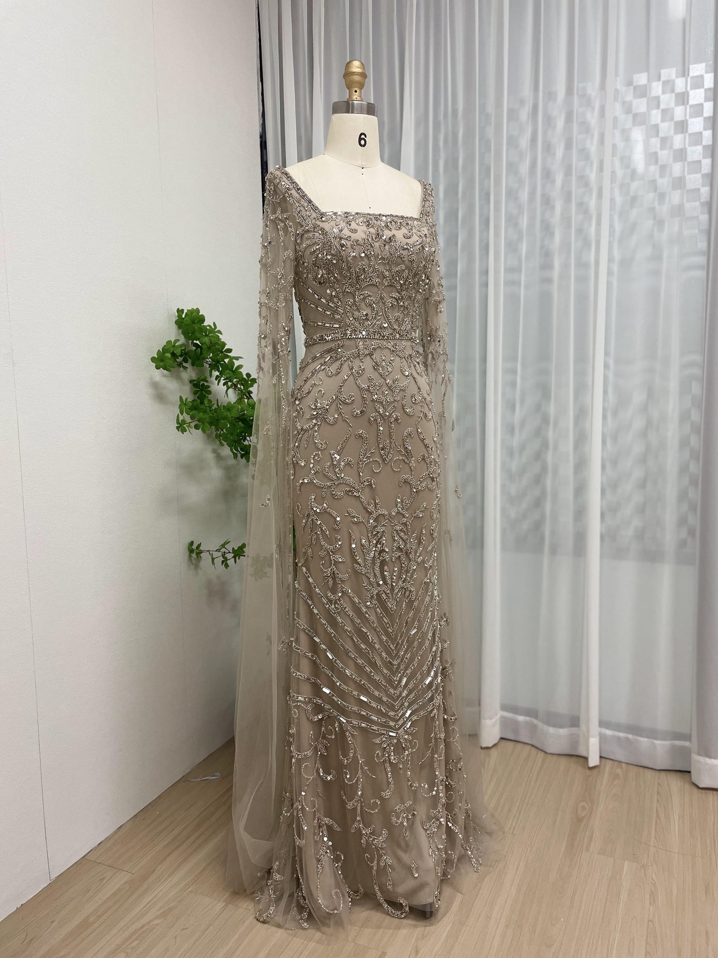 Glamorous Couture Handmade Beading Cape Long Sleeve Wedding Party Formal Gown MB40225