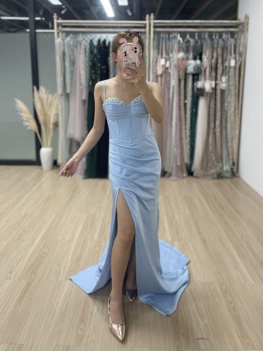 Spaghetti Strap Corset Bodice High Split Light Blue Prom Dress MB40228