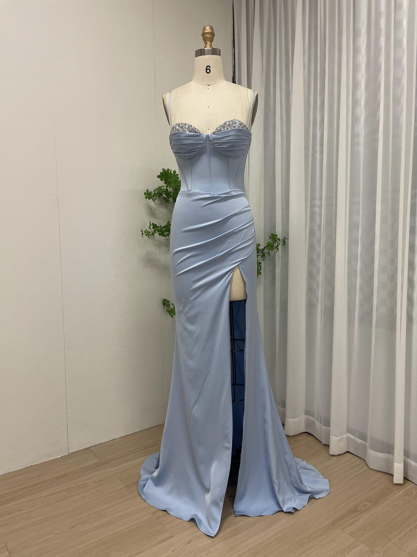 Spaghetti Strap Corset Bodice High Split Light Blue Prom Dress MB40228