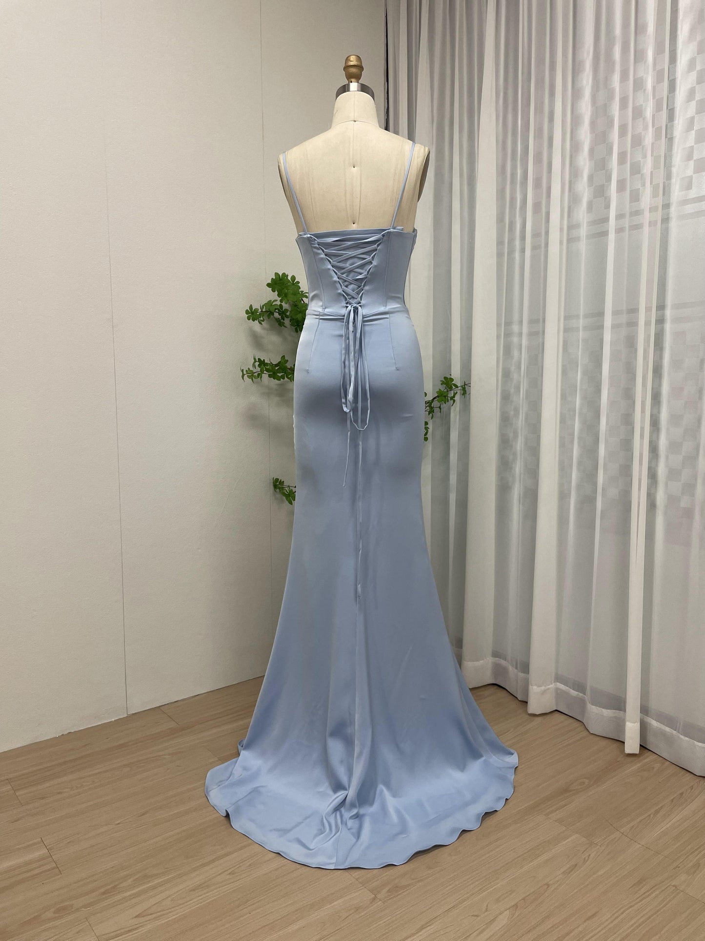 Spaghetti Strap Corset Bodice High Split Light Blue Prom Dress MB40228