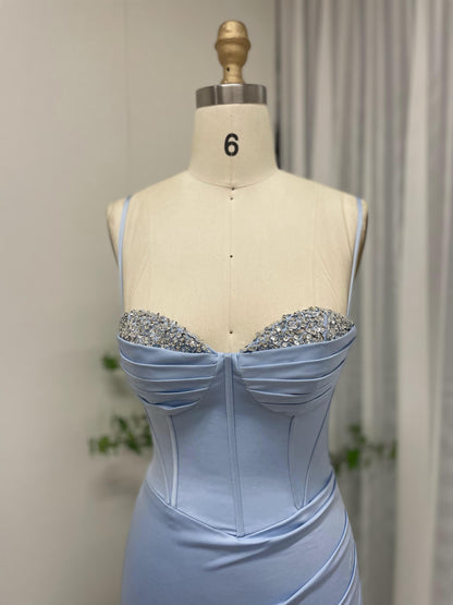 Spaghetti Strap Corset Bodice High Split Light Blue Prom Dress MB40228