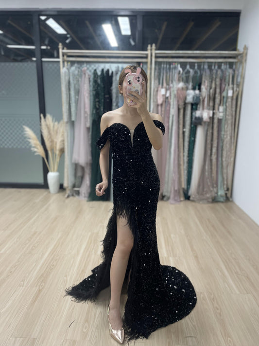 Sexy Off Shoulder Black Sequins Birthday Party Prom Dress MB40229