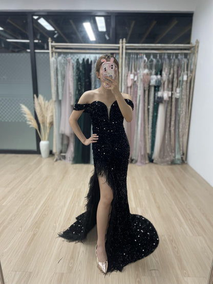 Sexy Off Shoulder Black Sequins Birthday Party Prom Dress MB40229