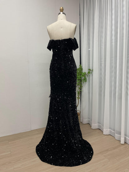 Sexy Off Shoulder Black Sequins Birthday Party Prom Dress MB40229