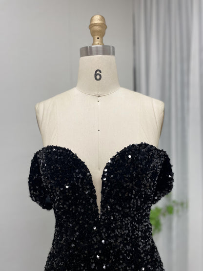 Sexy Off Shoulder Black Sequins Birthday Party Prom Dress MB40229