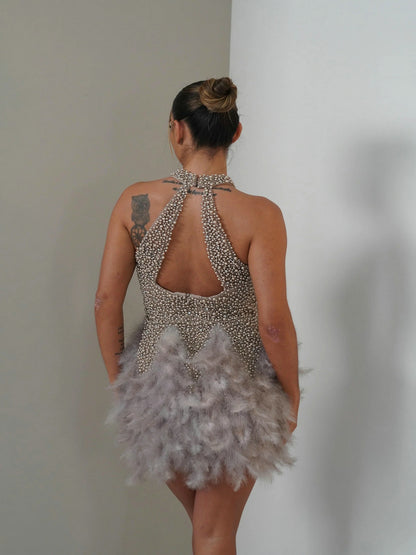 Sexy Halter Neck Bottom Feather Short Party Pearl Dress MB40232