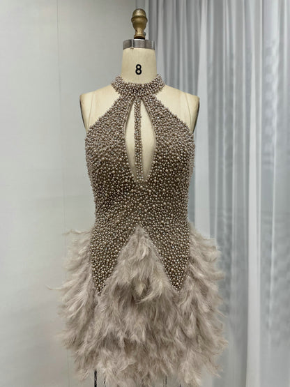 Sexy Halter Neck Bottom Feather Short Party Pearl Dress MB40232