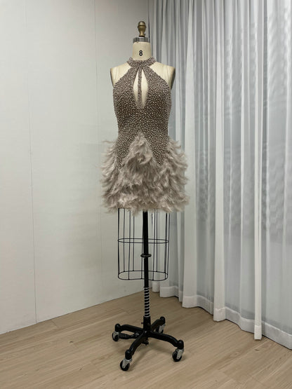 Sexy Halter Neck Bottom Feather Short Party Pearl Dress MB40232