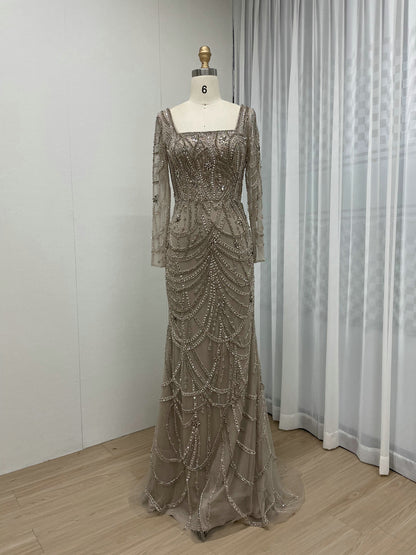 Hot Selling Handmade Beading Long Sleeve Body Slim Evening Dress MB40234