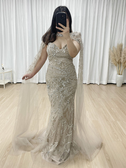 Glamorous Handmade Beading Removable Cape Sleeve Wedding Party Mother Of Bride Dress MB40236-2