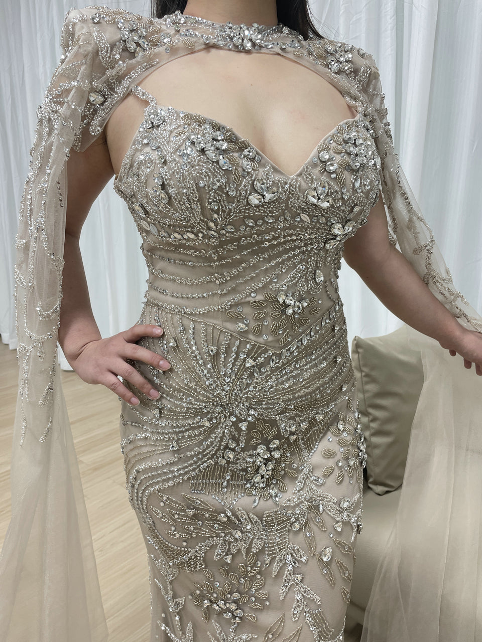 Glamorous Handmade Beading Removable Cape Sleeve Wedding Party Mother Of Bride Dress MB40236-2