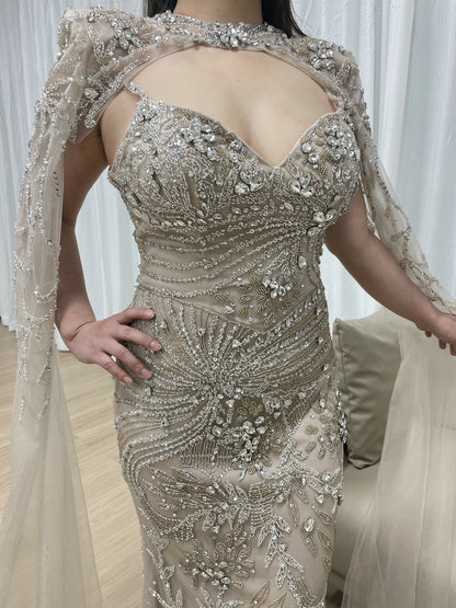 Glamorous Handmade Beading Removable Cape Sleeve Wedding Party Mother Of Bride Dress MB40236-2