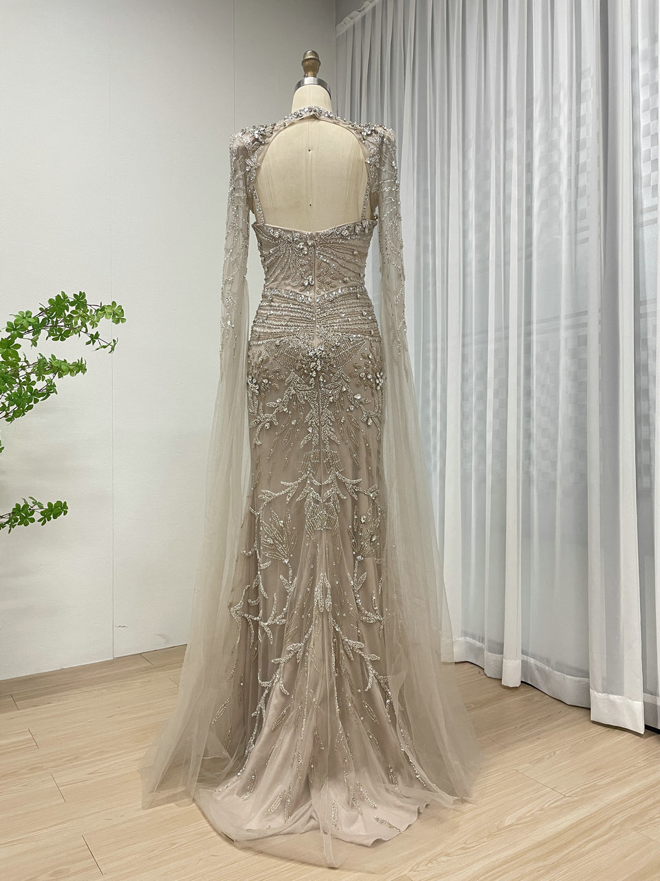 Glamorous Handmade Beading Removable Cape Sleeve Wedding Party Mother Of Bride Dress MB40236-2