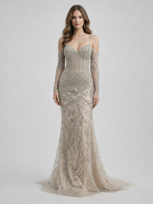 Luxury Hand-Beaded Mermaid Evening Gown - Sheer Corset Bodice & Detachable Sleeves MB40236B-2