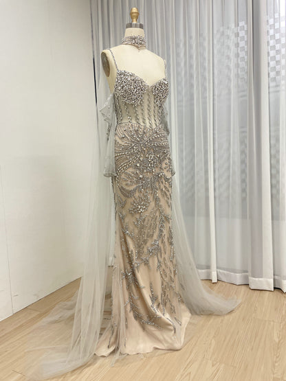 Luxury Hand-Beaded Mermaid Evening Gown - Sheer Corset Bodice & Detachable Sleeves MB40236B-2