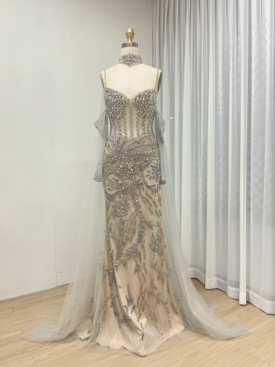 Luxury Hand-Beaded Mermaid Evening Gown - Sheer Corset Bodice & Detachable Sleeves MB40236B-2