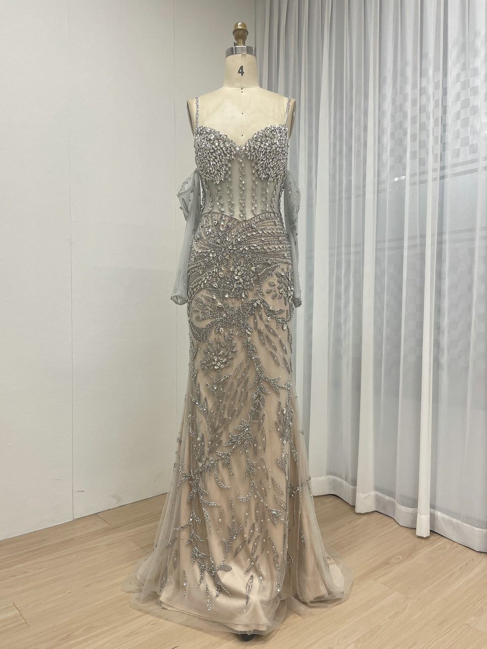 Luxury Hand-Beaded Mermaid Evening Gown - Sheer Corset Bodice & Detachable Sleeves MB40236B-2