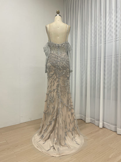 Luxury Hand-Beaded Mermaid Evening Gown - Sheer Corset Bodice & Detachable Sleeves MB40236B-2