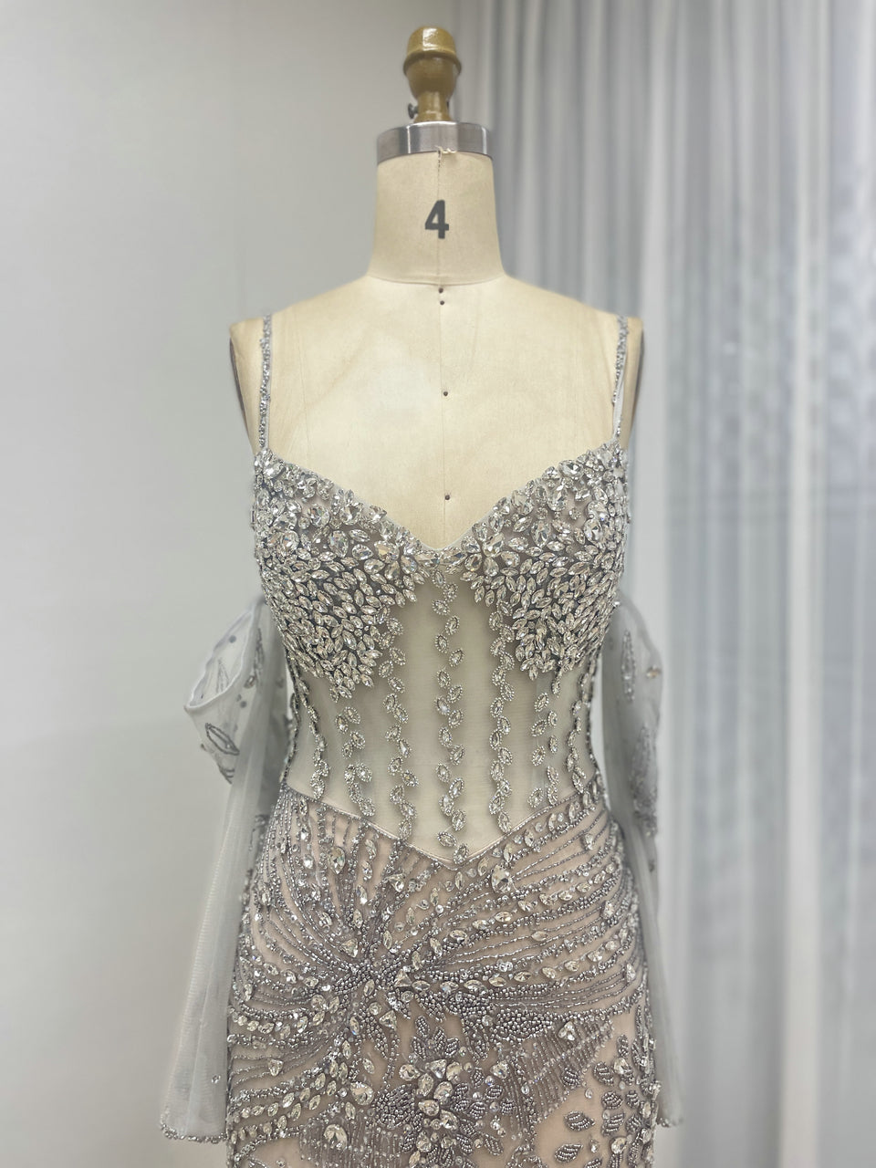 Luxury Hand-Beaded Mermaid Evening Gown - Sheer Corset Bodice & Detachable Sleeves MB40236B-2