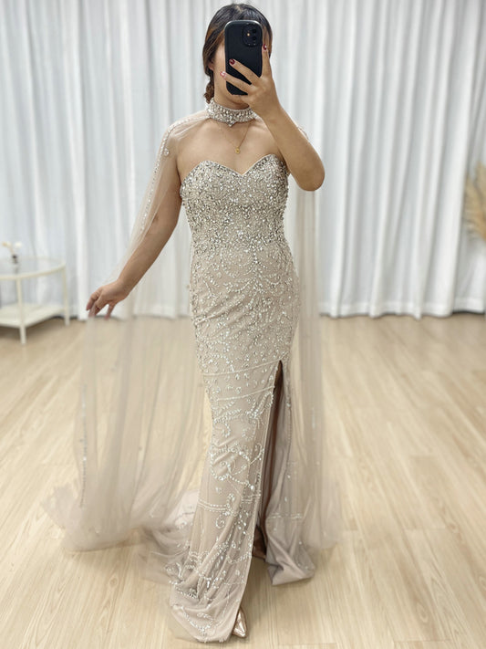 High Slit Dubai Evening Dress for Banquet Embellished Sparkling Beaded With Detachable Cape Sleeve MB40237-2