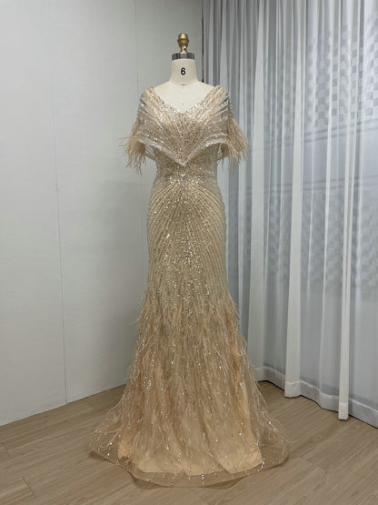 Elegant Beading Lace With Feathers Gold Wedding Birthday Party Dress MB40245