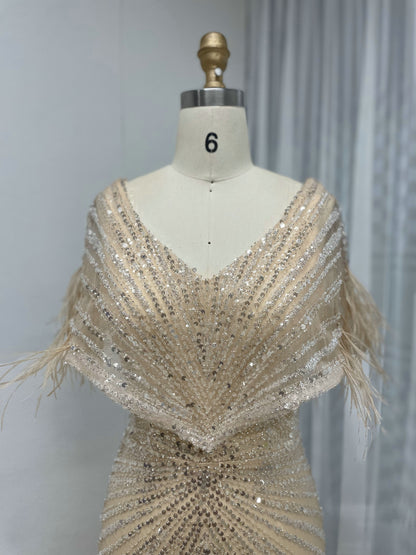 Elegant Beading Lace With Feathers Gold Wedding Birthday Party Dress MB40245