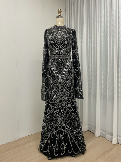 Luxury Handmade Beading Muslim Black Long Sleeve Evening Dress MB40247