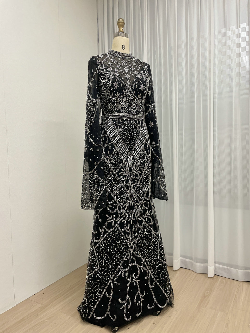 Luxury Handmade Beading Muslim Black Long Sleeve Evening Dress MB40247