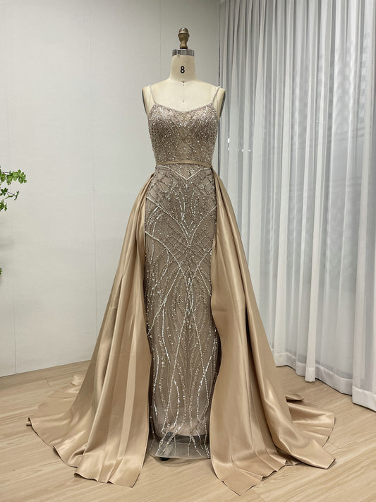 Luxury Spaghetti Strap Gown Embellished With Intricate Beadwork and Detachable Back Train MB40248B