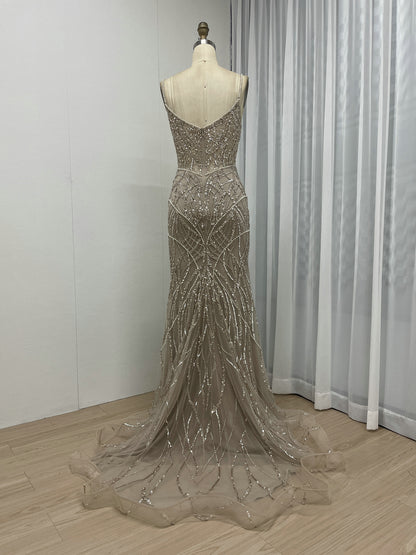 Spaghetti Strap Handmade Beading Body Slim Evening Prom Dress MB40248