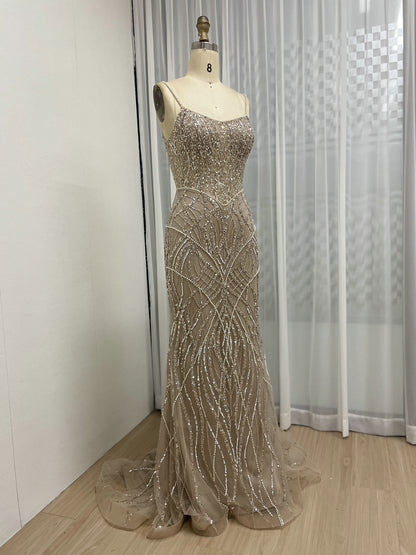 Spaghetti Strap Handmade Beading Body Slim Evening Prom Dress MB40248