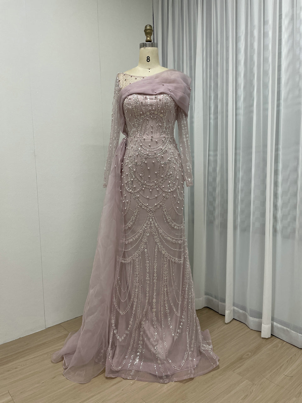 Elegant Couture Beading Lace Long Sleeve Side Skirt Wedding Party Evening Dress MB40258